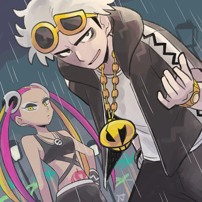 1boy 1girl black_eyes blonde_hair breasts eyeshadow eyewear_on_head grey_hair guzma_(pokemon) haku_le hand_on_hip jewelry lamppost makeup midriff multicolored_hair navel necklace pink_hair plumeria_(pokemon) pokemon pokemon_(game) pokemon_sm rain signature small_breasts stomach_tattoo sunglasses tattoo two-tone_hair watch watch white_eyeshadow yellow_eyes