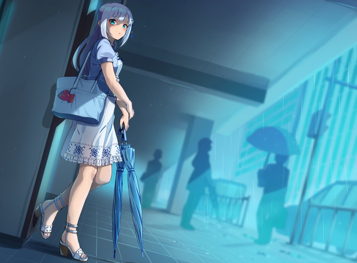 1girl 3others blue_hair blue_jacket blue_umbrella blush dress dutch_angle full_body high_heels holding holding_umbrella idolmaster idolmaster_million_live! jacket kamille_(vcx68) leaning_back light_blue_hair long_hair looking_at_viewer low-tied_long_hair multiple_others photoshop_(medium) puffy_short_sleeves puffy_sleeves rain shiraishi_tsumugi short_sleeves silhouette solo solo_focus tote_bag umbrella waiting white_dress