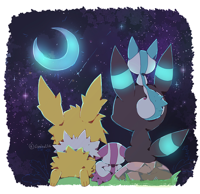 alternate_color animal_focus artist_name backlighting border commentary_request crescent_moon from_behind fur_collar glowing grass jolteon lying moon neon_trim night no_humans on_ground on_head on_stomach outdoors pachirisu partial_commentary pokemon pokemon_(creature) pokemon_on_head purple_sky rock shiny_pokemon shira_(sirairo116) shooting_star signature sitting sky star_(sky) starry_sky twitter_username umbreon white_border