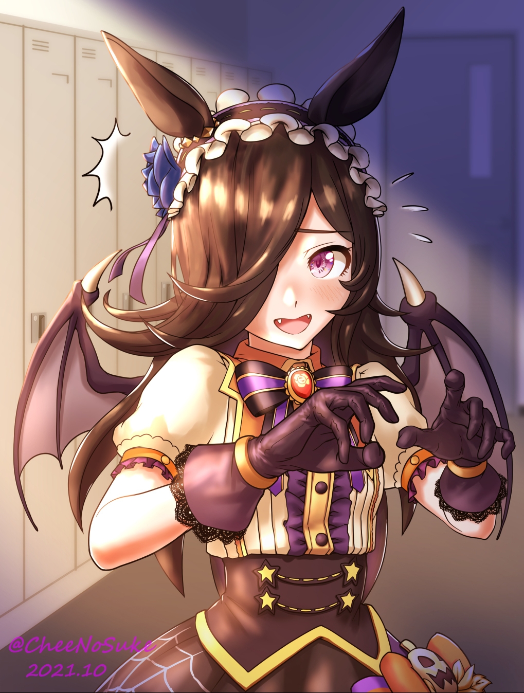 1girl ^^^ animal_ears black_bow black_bowtie black_gloves black_hair black_hairband black_skirt black_wings blue_flower blue_rose bow bowtie brooch center_frills changing_room cheesecake_(artist) collared_shirt commentary dated demon_wings fangs flower flying_sweatdrops frilled_hairband frilled_sleeves frills frown gloves hair_flower hair_ornament hair_over_one_eye hairband halloween halloween_costume high-waist_skirt highres horse_ears horse_girl indoors jack-o'-lantern_ornament jewelry lace-trimmed_gloves lace_trim long_hair looking_at_viewer make_up_in_halloween!_(umamusume) official_alternate_costume open_mouth orange_bow puffy_short_sleeves puffy_sleeves rice_shower_(make_up_vampire!)_(umamusume) rice_shower_(umamusume) rose shirt short_sleeves skirt skirt_bow solo spider_web_print standing star_ornament twitter_username umamusume violet_eyes white_shirt wings