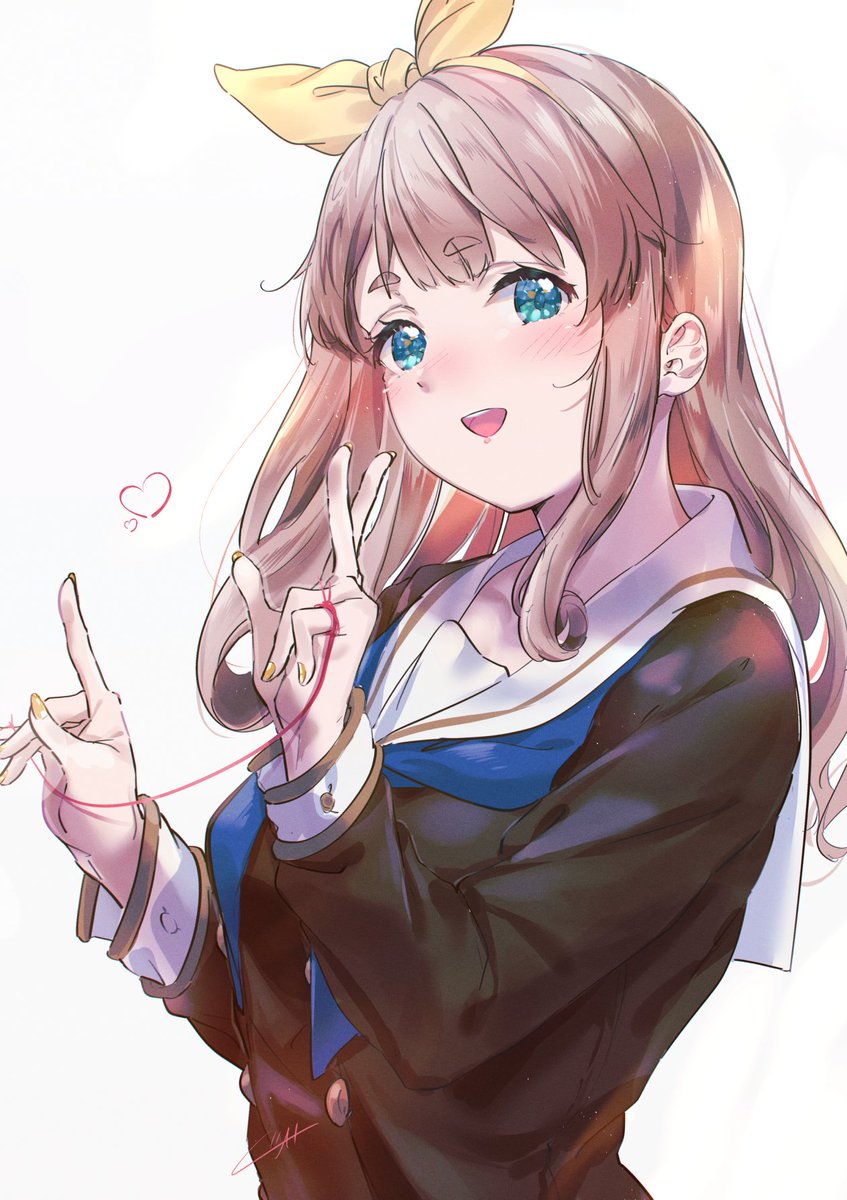 1girl bangs blonde_hair blue_eyes blue_neckerchief blush bow brown_shirt hair_bow hands_up hibike!_euphonium highres kitauji_high_school_uniform kuziaaizuk long_hair long_sleeves looking_at_viewer neckerchief parted_lips sailor_collar school_uniform serafuku shirt simple_background smile solo teeth uniform upper_teeth v white_background white_sailor_collar yellow_bow yoshikawa_yuuko