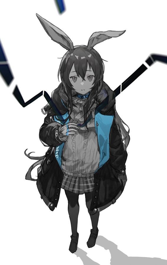 1girl amiya_(arknights) animal_ears arknights arm_at_side ascot bangs black_jacket bunny_ears center_frills choker closed_mouth coat frills full_body greyscale hair_between_eyes hand_up jabot jacket jewelry long_hair long_sleeves looking_at_viewer monochrome multiple_rings nuudoru open_clothes open_coat open_jacket pantyhose ring shadow shirt shoes skirt solo spot_color standing thumb_ring