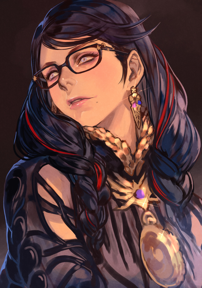 1girl bayonetta bayonetta_(series) bayonetta_3 black_hair braid earrings eyeshadow female glasses gloves hankuri jewelry lipstick long_hair makeup mole mole_under_mouth multicolored_hair redhead ribbon simple_background smile solo streaked_hair twin_braids