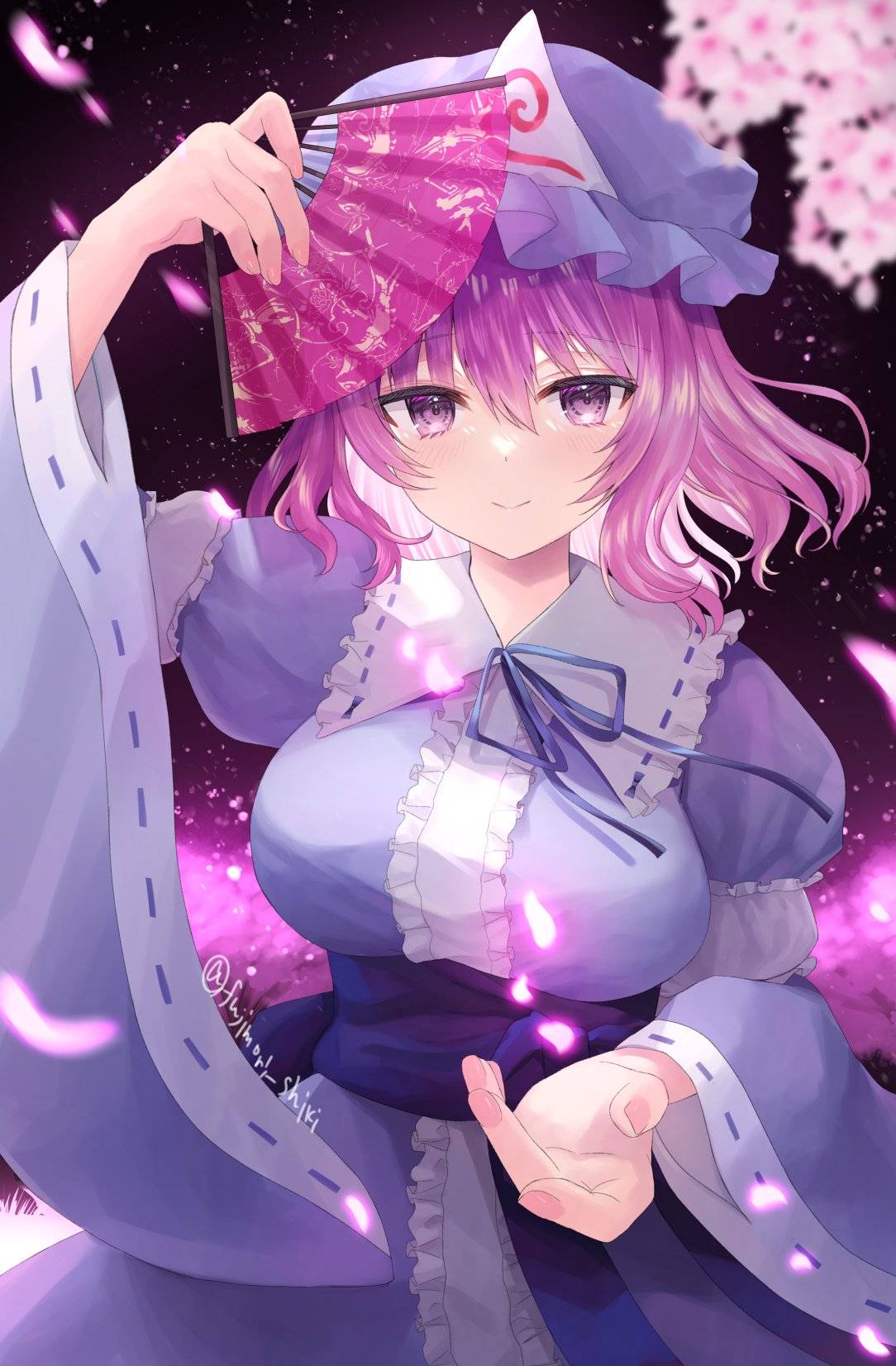 1girl blue_bow blue_headwear blue_kimono blush bow breasts cherry_blossoms eyebrows_visible_through_hair folding_fan frilled_shirt_collar fujimori_shiki hand_fan hat highres hitodama japanese_clothes kimono large_breasts long_sleeves looking_at_viewer mob_cap neck_ribbon petals pink_eyes pink_hair red_eyes ribbon saigyouji_yuyuko saigyouji_yuyuko's_fan_design short_hair smile solo touhou tree triangular_headpiece waist_bow wavy_hair wide_sleeves