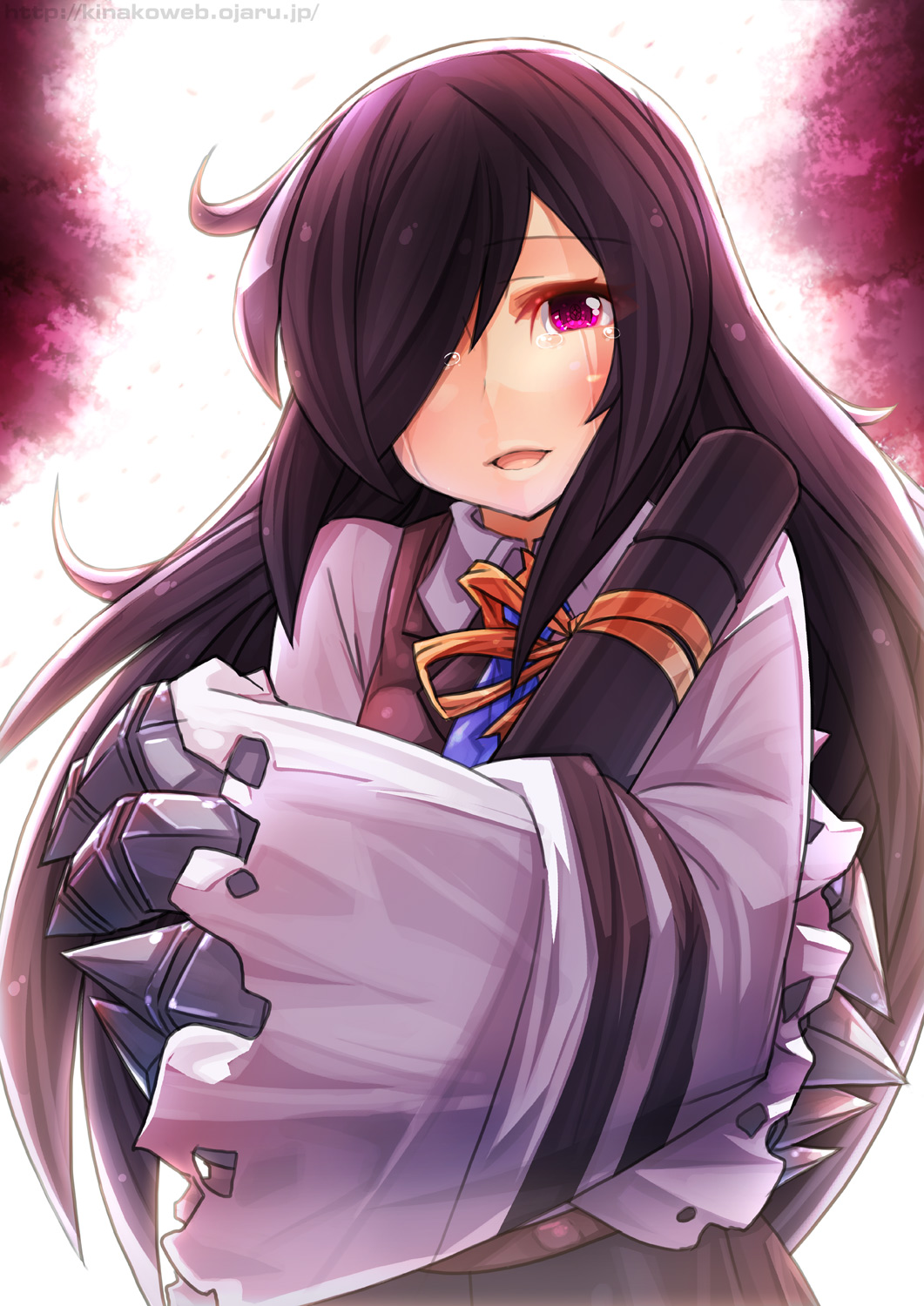 1girl alicel bangs black_hair blue_necktie blush brown_vest claws clip_studio_paint_(medium) collared_shirt commentary_request cover cover_page cowlick cylinder doujin_cover graduation hair_over_one_eye highres long_hair long_sleeves looking_at_viewer necktie ooyama_kina open_mouth pink_eyes ragnarok_online red_eyes shirt smile solo textless_version upper_body vest white_shirt wide_sleeves