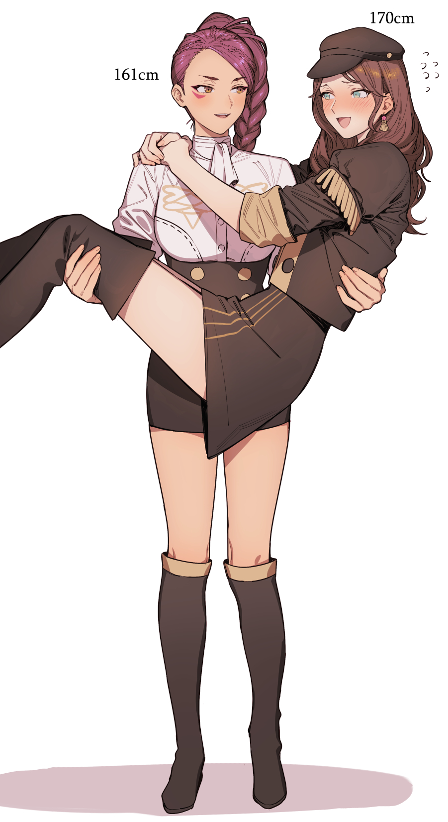 2girls black_headwear blush boots braid breasts brown_hair carrying commentary_request dorothea_arnault facial_mark fire_emblem fire_emblem:_three_houses full_body garreg_mach_monastery_uniform green_eyes hair_pulled_back hat height_difference highres ikarin long_hair multiple_girls petra_macneary princess_carry purple_hair simple_background standing thigh-highs thigh_boots white_background yuri