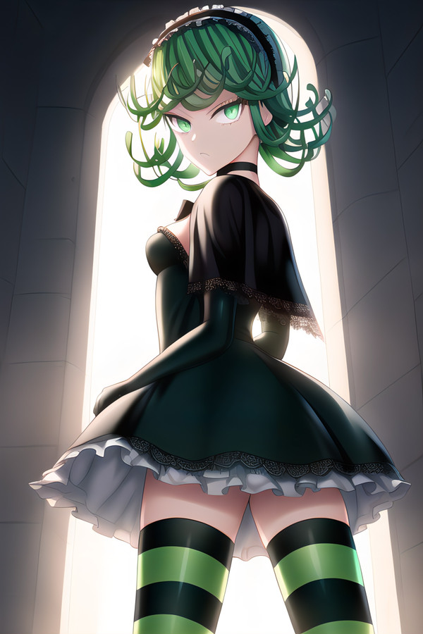 1girl black_dress breasts curly_hair dress frilled_dress frills green_eyes green_hair looking_back non-web_source one-punch_man solo striped striped_legwear tasuki thighhighs