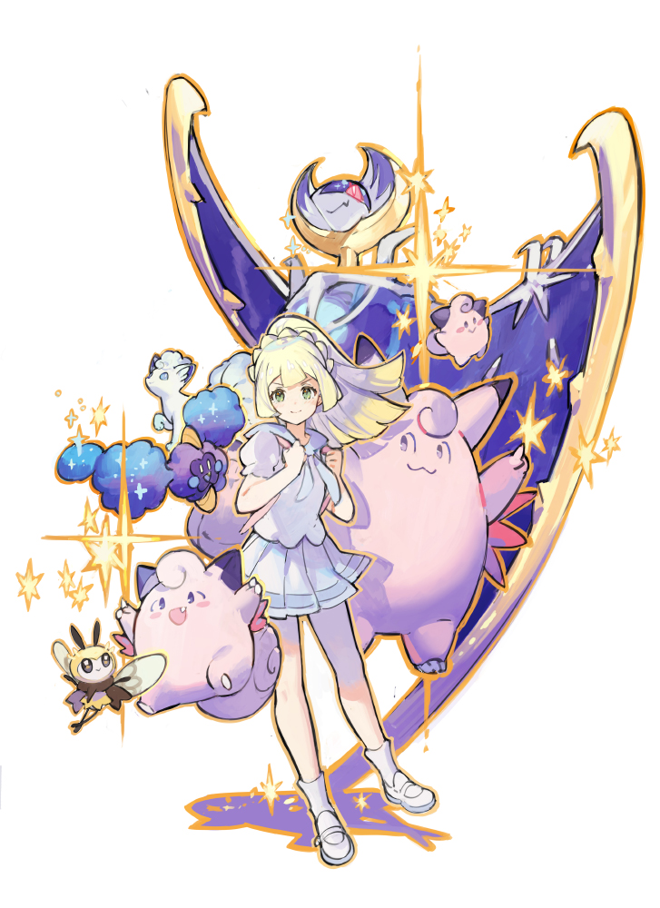 1girl alolan_vulpix bag blonde_hair braid clefable clefairy cleffa clenched_hands closed_mouth cosmog french_braid gen_7_pokemon green_eyes hands_up hat high_ponytail legendary_pokemon lillie_(pokemon) long_hair looking_at_viewer lunala pleated_skirt pokemon pokemon_(creature) pokemon_(game) pokemon_sm ribombee shirt shoes short_sleeves skirt sleeveless smile socks starshadowmagician white_background white_footwear white_shirt white_skirt