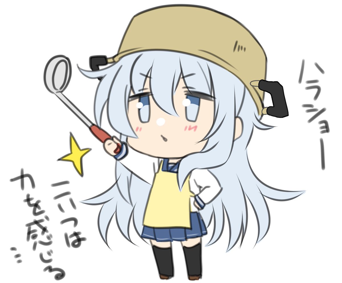 1girl black_thighhighs blue_sailor_collar blue_skirt chibi commentary_request hibiki_(kancolle) hizuki_yayoi holding kantai_collection ladle long_hair pleated_skirt pot_on_head sailor_collar school_uniform serafuku simple_background skirt solo standing thigh-highs translation_request white_background