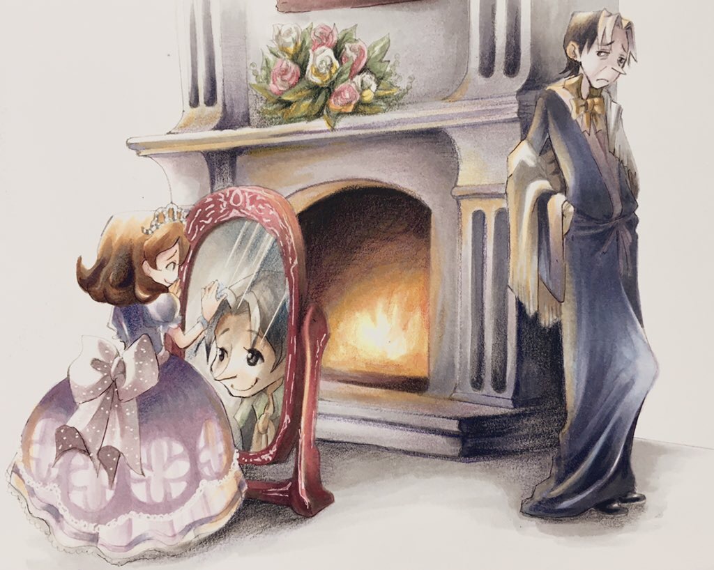 1boy 1girl back_bow bow bowtie brown_hair cedric_(disney) dress fire fireplace frown homare0801 light_smile looking_at_mirror marker_(medium) mirror multicolored_hair princess princess_dress purple_dress purple_robe robe sofia_(disney) sofia_the_first tiara traditional_media two-tone_hair