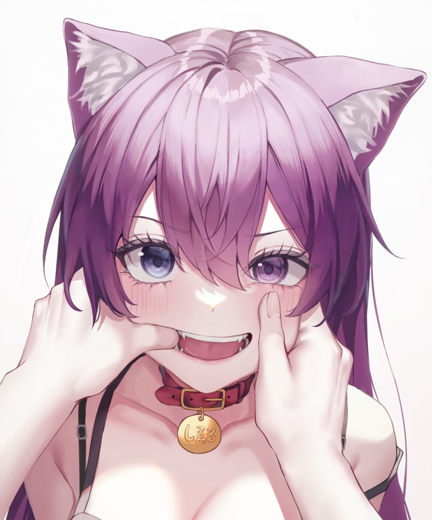 1girl :d animal_collar animal_ear_fluff animal_ears bell breasts cat_ears cat_girl cat_tail collar fangs finger_in_another's_mouth gradient gradient_background hand_on_another's_cheek hand_on_another's_face heterochromia long_hair luxiel medium_breasts mouth_pull open_mouth pov pov_hands purple_hair smile tail teeth violet_eyes