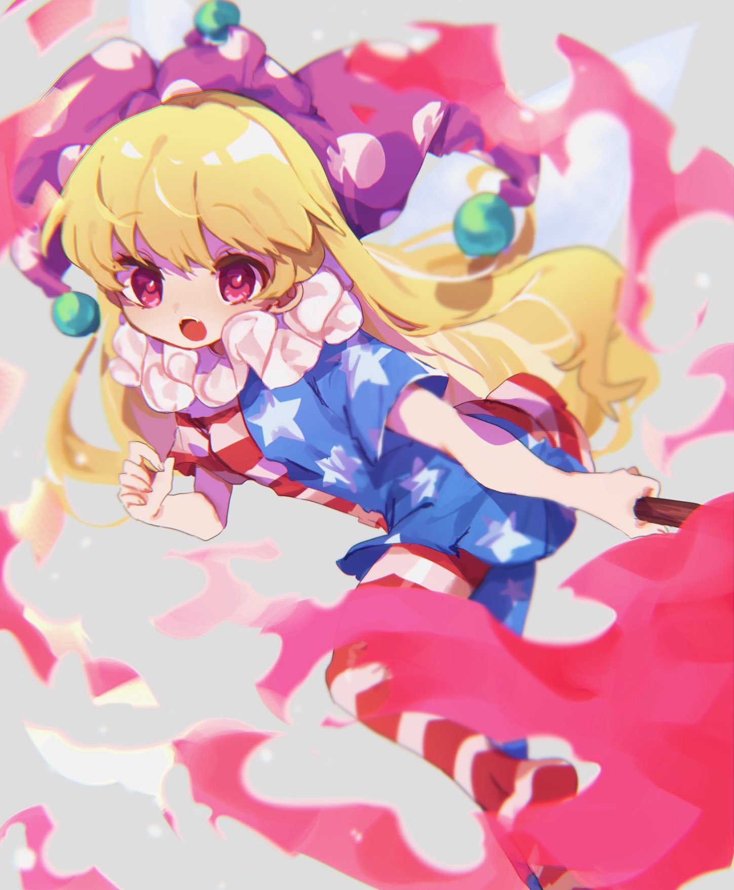 1girl american_flag_pants american_flag_shirt arm_up ayahi_4 bangs blonde_hair breasts clownpiece commentary_request fairy_wings fang fangs fingernails fire grey_background hair_between_eyes hands_up hat highres holding holding_torch jester_cap leg_up long_hair looking_at_viewer neck_ruff no_shoes open_mouth pants pink_eyes pink_fire polka_dot purple_headwear shirt short_sleeves simple_background small_breasts solo standing standing_on_one_leg star_(symbol) star_print striped striped_pants striped_shirt teeth tongue torch touhou transparent_wings wings