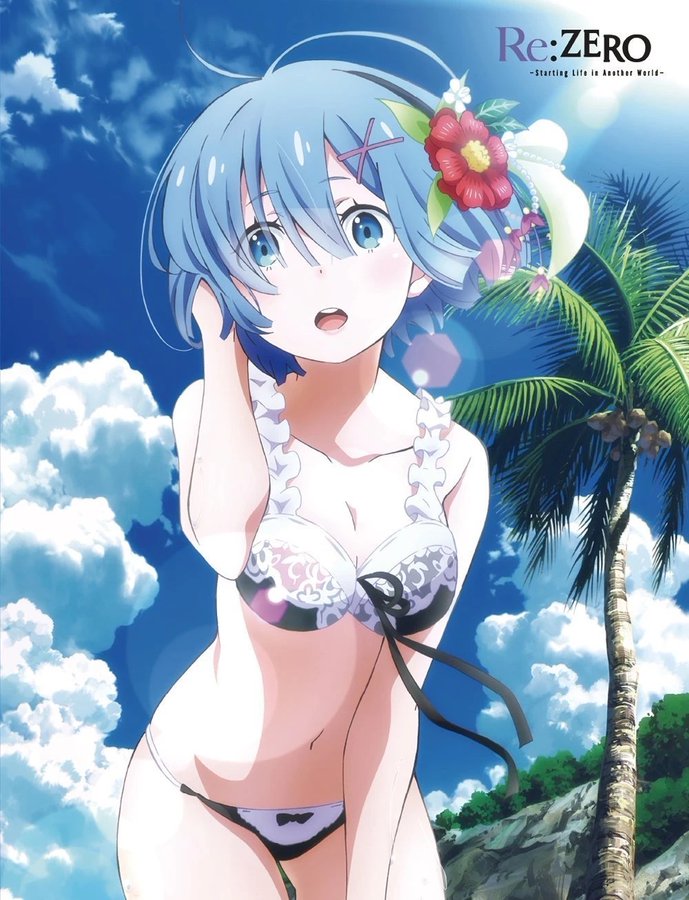 1girl beach bikini blue_eyes blue_hair blue_sky breasts cleavage clouds cloudy_sky coconut coconut_tree condensation_trail day flower hair_flower hair_ornament hibiscus horizon island lens_flare looking_at_viewer maid midriff mountain mountainous_horizon navel ocean oni open_mouth outdoors palm_leaf palm_tree plant re:zero_kara_hajimeru_isekai_seikatsu rem_(re:zero) short_hair sky solo summer sun sunlight swimsuit tree tree_branch trees woman x_hair_ornament