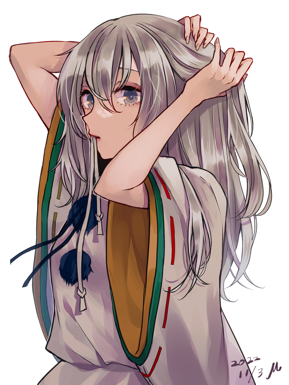 1girl arms_up closed_mouth commentary dated grey_eyes grey_hair hair_tie hair_tie_in_mouth highres japanese_clothes kariginu lips lipstick long_hair long_sleeves looking_at_viewer m_(neteitai10) makeup mononobe_no_futo mouth_hold pom_pom_(clothes) ribbon-trimmed_sleeves ribbon_trim shirt signature simple_background solo touhou tying_hair upper_body white_background white_shirt wide_sleeves
