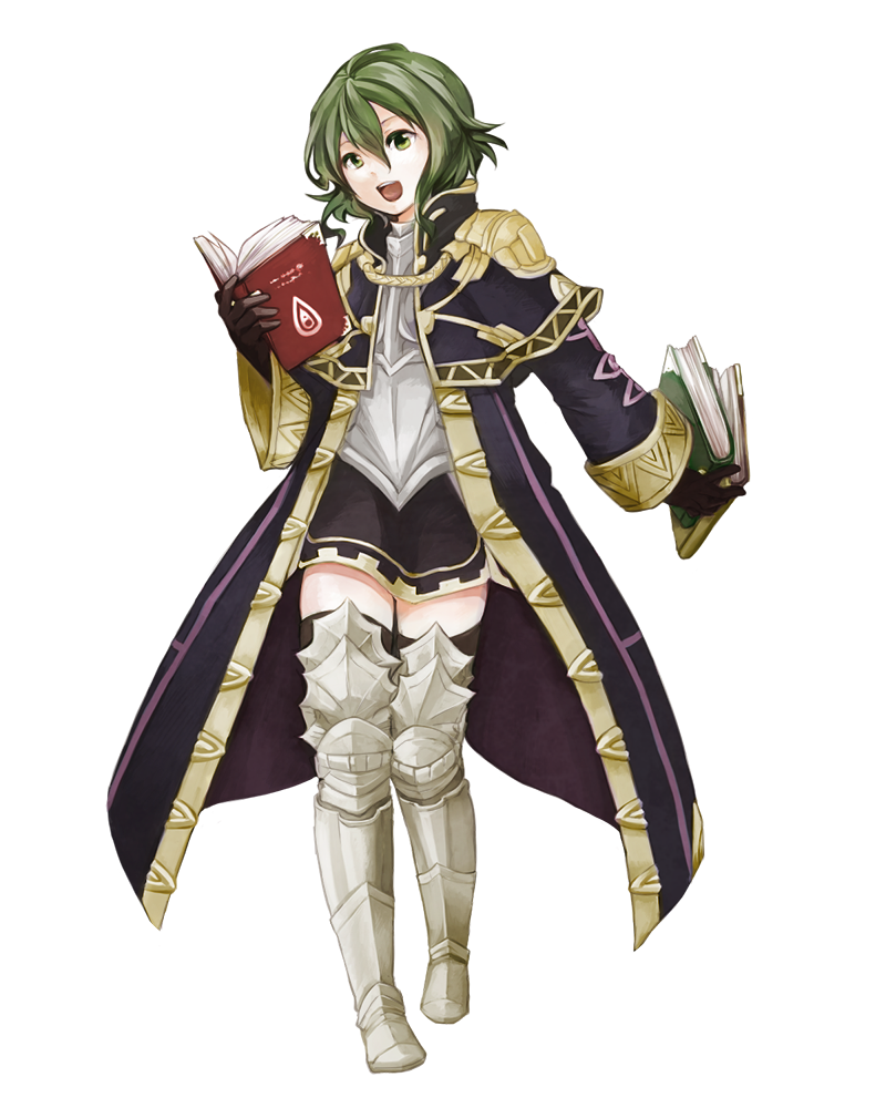 1girl armor book breastplate cloak fire_emblem fire_emblem_awakening full_body greaves green_eyes green_hair happy haruno_(toddy) head_tilt holding holding_book lanyard looking_at_viewer morgan_(fire_emblem) morgan_(fire_emblem)_(female) open_mouth simple_background solo white_background zettai_ryouiki