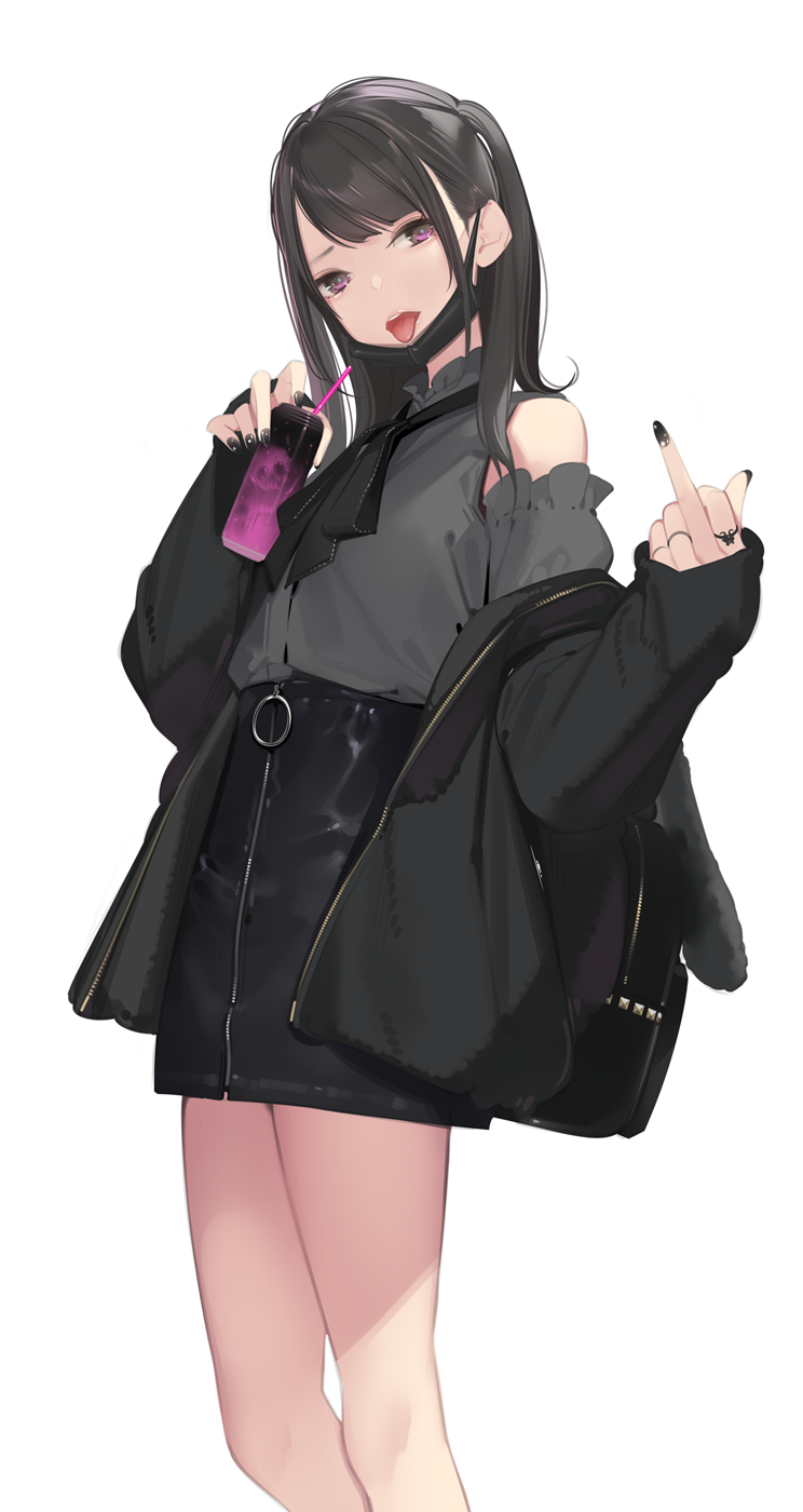 1girl ama_mitsuki bangs black_hair black_nails black_skirt can detached_sleeves drinking_straw grey_shirt highres holding holding_can jacket jewelry lollipop long_hair looking_at_viewer mask mask_pull middle_finger mouth_mask nail_polish off_shoulder open_mouth original ring shirt skirt solo standing tongue tongue_out two_side_up violet_eyes