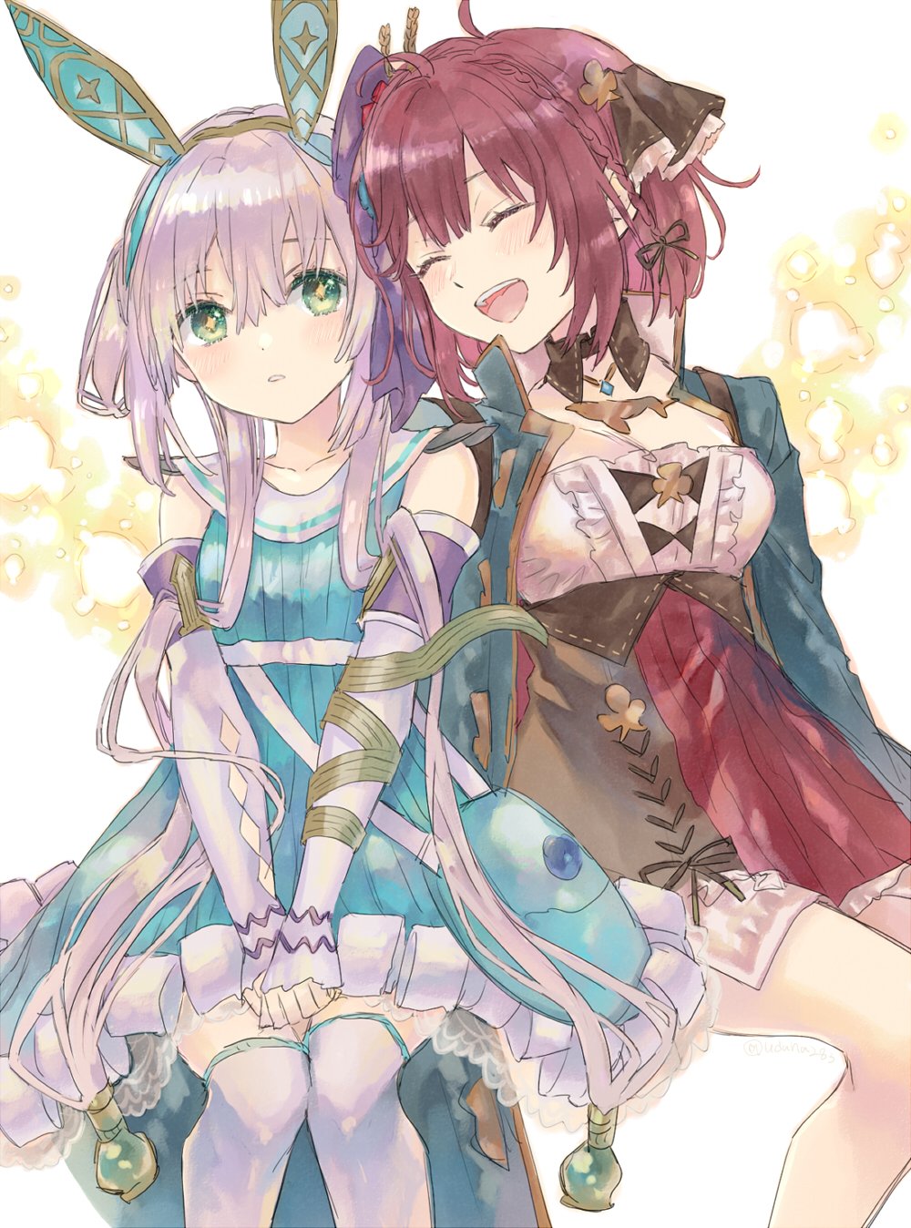 2girls :d atelier_(series) atelier_sophie atelier_sophie_2 blush breasts closed_eyes coat frills green_eyes hair_ornament highres jewelry long_hair long_sleeves medium_breasts multiple_girls necklace open_mouth plachta redhead short_hair skirt smile sophie_neuenmuller thigh-highs thighhighs udaha283 white_legwear