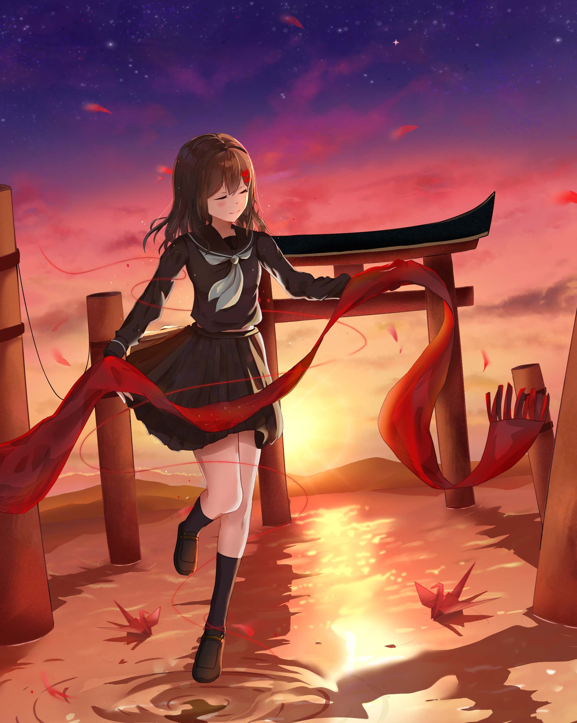 1girl absurdres black_hair black_serafuku black_skirt black_socks brown_footwear brown_hair closed_eyes dusk gate gradient_sky hair_ornament hairpin highres hill kagerou_project landscape light_smile long_hair mekakucity_actors multiple_hairpins neckerchief origami paper_crane pleated_skirt red_scarf scarf scarf_removed school_uniform serafuku skirt sky socks solo standing standing_on_liquid sunset tateyama_ayano torii twilight user_sdem4288 water white_neckerchief