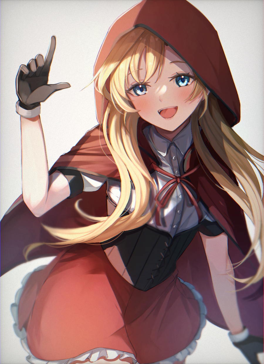 1girl abukuma_(kancolle) black_gloves blonde_hair blue_eyes blurry cape collared_shirt corset cosplay cowboy_shot depth_of_field dress_shirt frilled_skirt frills gloves hair_down highres hood hooded_cape index_finger_raised kantai_collection little_red_riding_hood little_red_riding_hood_(grimm) little_red_riding_hood_(grimm)_(cosplay) long_hair official_alternate_costume ranran_3939 red_cape red_hood red_skirt shirt skirt solo white_shirt