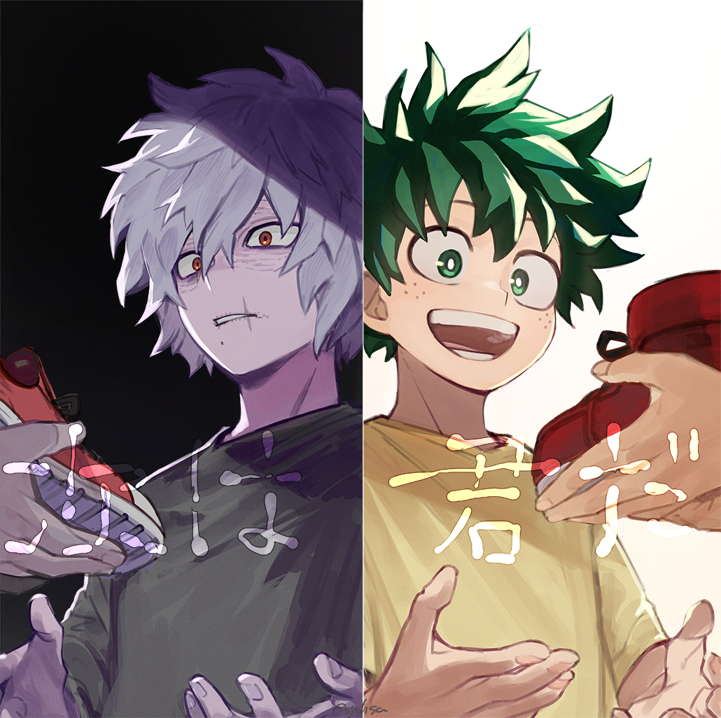 2boys 2others :d aged_down bangs black_background boku_no_hero_academia contrast foreground_text freckles giving green_eyes green_hair grey_hair hair_between_eyes happy holding holding_shoes kanji looking_at_object male_child male_focus matsuya_(pile) messy_hair midoriya_izuku mole mole_under_mouth multiple_boys multiple_others open_mouth out_of_frame parted_lips red_footwear redhead scar scar_on_face scar_on_mouth shade shigaraki_tomura shirt shoes short_hair smile sneakers split_screen teeth text_focus twitter_username upper_body white_background yellow_shirt