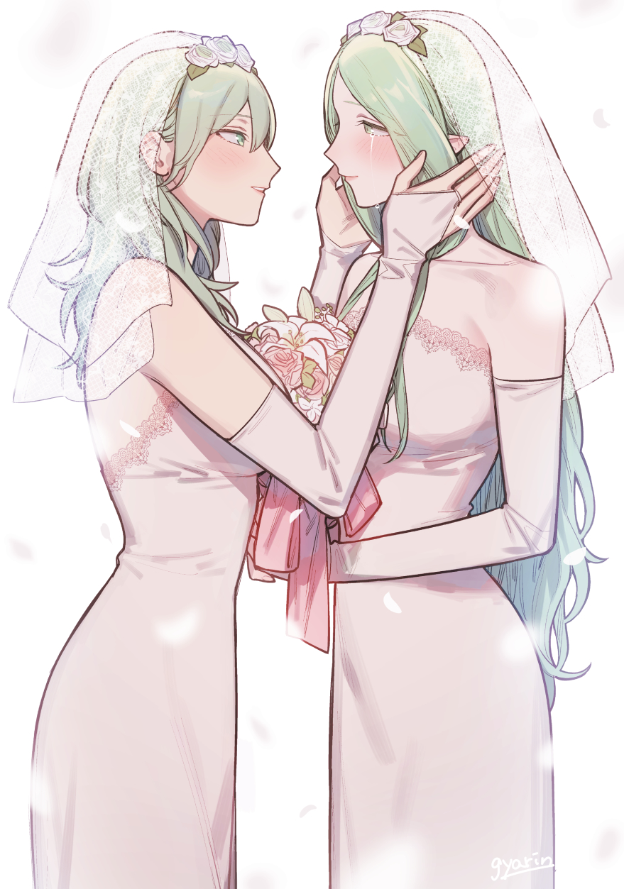 2girls bangs bare_shoulders blush breasts bridal_gauntlets bridal_veil byleth_(fire_emblem) byleth_eisner_(female) closed_mouth commentary_request dress enlightened_byleth_(female) eye_contact fire_emblem fire_emblem:_three_houses flower from_side green_eyes hair_between_eyes happy_tears highres holding ikarin long_hair looking_at_another multiple_girls parted_lips petals pointy_ears profile rhea_(fire_emblem) signature simple_background strapless strapless_dress tears veil very_long_hair wedding wedding_dress white_background white_dress white_flower wife_and_wife yuri