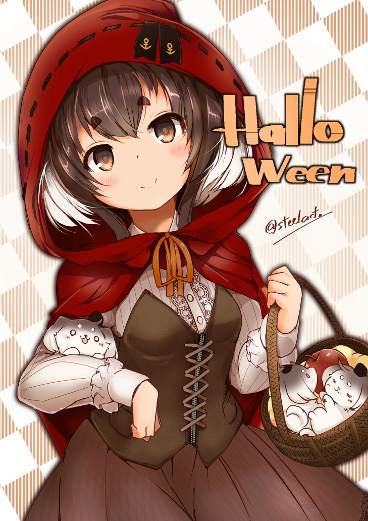 1girl anchor_symbol apple basket black_hair breasts brown_background brown_eyes brown_skirt cape capelet checkered_background cloak corset cosplay dog food frilled_sleeves frills fruit hair_between_eyes halloween holding holding_basket hood hooded_cape kantai_collection little_red_riding_hood_(grimm) little_red_riding_hood_(grimm)_(cosplay) long_skirt long_sleeves looking_at_viewer nijou_katame picnic_basket puppy red_capelet red_cloak red_hood shirt short_hair short_hair_with_long_locks skirt small_breasts smile solo tokitsukaze_(kancolle) twitter_username white_background white_shirt