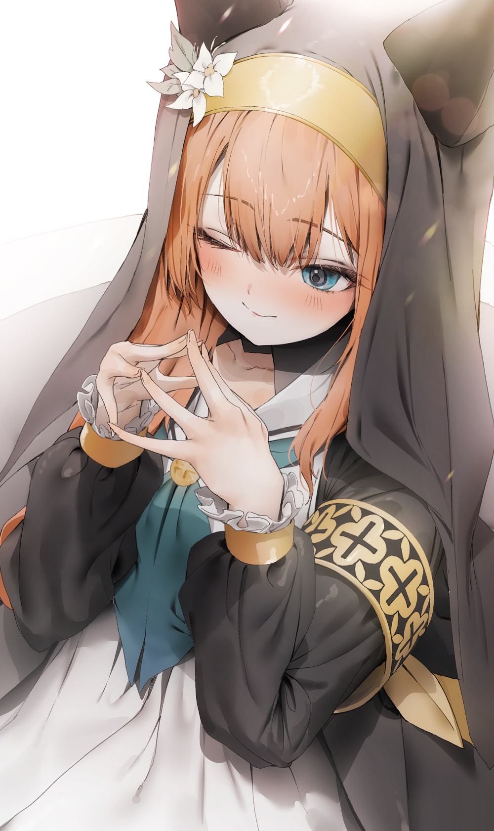 1girl ;) animal_ears bangs blue_archive blue_eyes blush closed_mouth eyebrows_visible_through_hair fingernails flower frilled_sleeves frills highres long_hair long_sleeves mari_(blue_archive) nun one_eye_closed orange_hair poharo simple_background smile solo veil white_background
