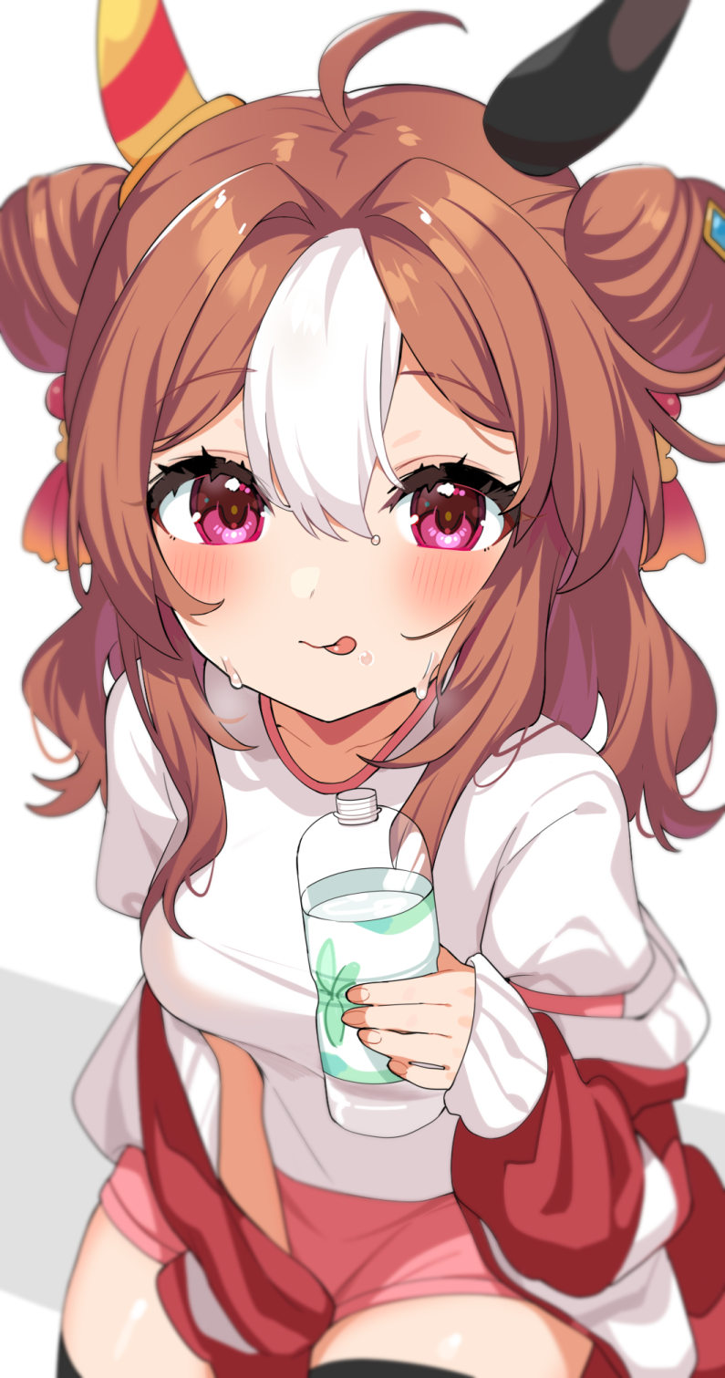 1girl ahoge animal_ears blurry blush bottle brown_hair closed_mouth collarbone copano_rickey_(umamusume) cowboy_shot depth_of_field double_bun gym_shirt hair_between_eyes hair_bun highres holding holding_bottle horse_ears horse_girl inuyama_nanami jacket jersey long_hair long_sleeves looking_at_viewer multicolored_hair pink_eyes red_shorts shirt short_sleeves shorts simple_background smile solo thighhighs tongue tongue_out track_jacket two-tone_hair umamusume water_bottle white_background white_hair white_shirt