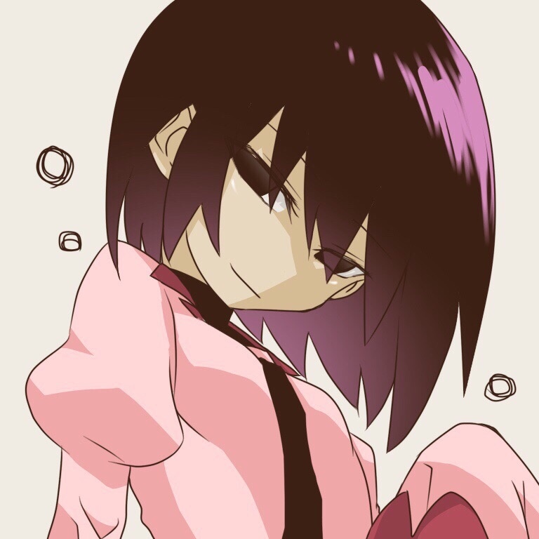 1girl bad_id bad_pixiv_id bangs black_eyes black_hair black_necktie black_undershirt bob_cut breasts close-up closed_mouth commentary dress empty_eyes gradient gradient_background grey_background hair_between_eyes head_down juliet_sleeves kaze_(wil404) long_sleeves looking_at_viewer looking_to_the_side monogatari_(series) naoetsu_high_school_uniform narrowed_eyes necktie oshino_ougi pink_shirt puffy_sleeves school_uniform shirt short_hair simple_background sleeves_past_fingers sleeves_past_wrists small_breasts smirk solo turtleneck upper_body