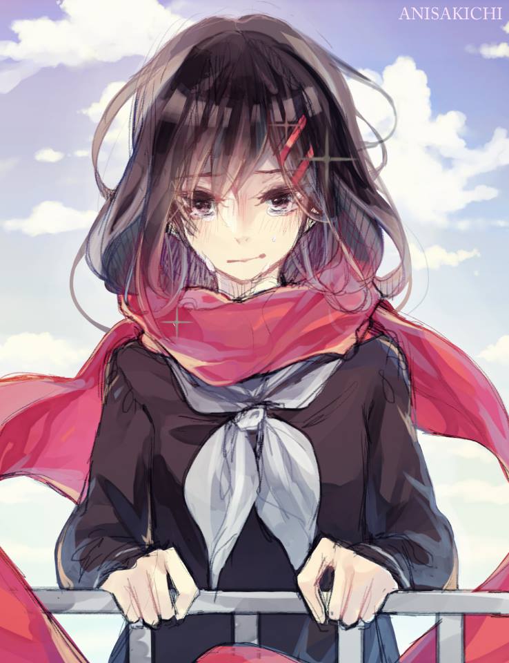 1girl anisakichi black_hair black_serafuku blue_sky brown_eyes cloud clouds crying_with_eyes_open gradient_sky hair_ornament hairclip hairpin hand_on_railing kagerou_project light_frown long_hair long_sleeves looking_at_viewer multiple_hairpins neckerchief railing red_scarf scarf school_uniform serafuku sketch sky sky_background solo solo_focus tateyama_ayano tearing_up tears upper_body white_neckerchief