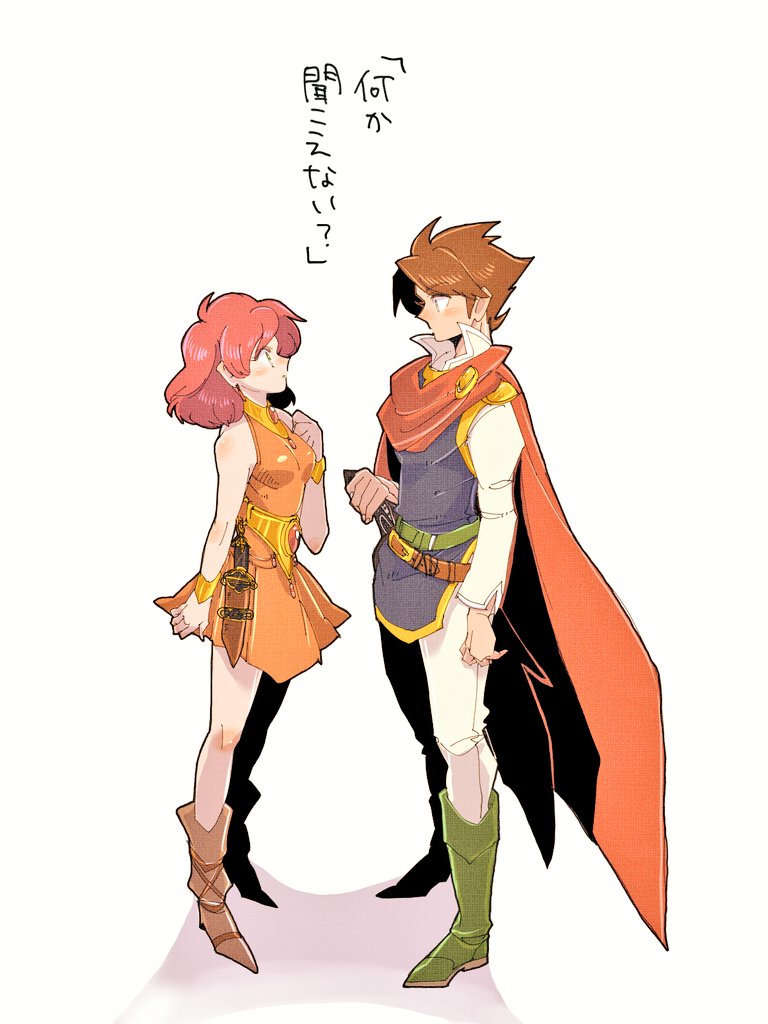 1boy 1girl belt blue_vest brown_hair butz_klauser cape dagger dress final_fantasy final_fantasy_v holding holding_sword holding_weapon knife miniskirt orange_dress pants pink_hair protected_link red_cape saito_piyoko sheath sheathed short_hair skirt square_enix sword vest weapon wrist_cuffs