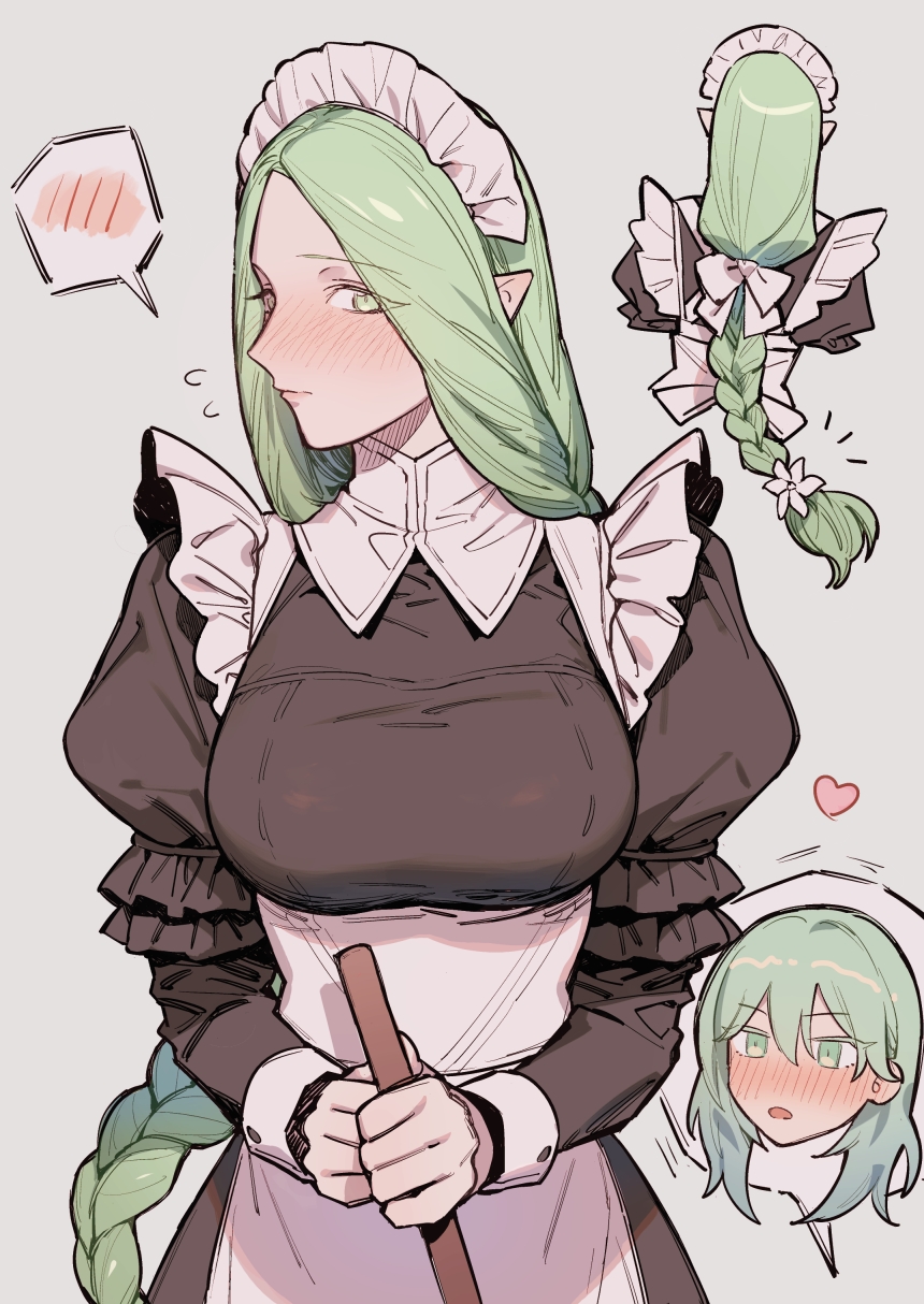 2girls alternate_costume apron bad_id bad_twitter_id bangs black_dress blow blush bow braid breasts broom byleth_(fire_emblem) byleth_eisner_(female) closed_mouth commentary_request dress enlightened_byleth_(female) enmaided fire_emblem fire_emblem:_three_houses flying_sweatdrops green_eyes green_hair grey_background hair_bow heart highres holding holding_broom ikarin large_breasts long_hair long_sleeves maid maid_headdress multiple_girls multiple_views nose_blush parted_lips pointy_ears puffy_long_sleeves puffy_sleeves rhea_(fire_emblem) simple_background single_braid spoken_blush very_long_hair white_apron white_bow yuri