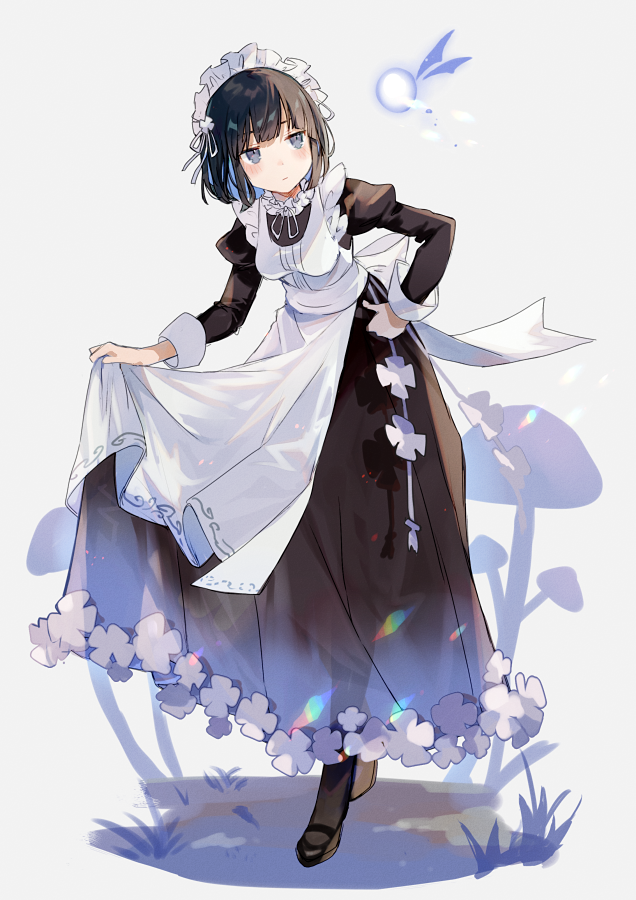 1girl apron black_dress black_footwear black_hair black_thighhighs blush breasts closed_mouth dress fairy full_body gradient gradient_background grey_eyes jitome juliet_sleeves long_sleeves maid maid_apron maid_headdress nuudoru original puffy_sleeves short_hair skirt_hold small_breasts solo standing thigh-highs