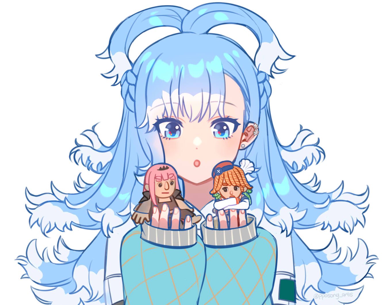 3girls blue_hair chef_hat chibi child cody_(it_takes_two) cody_(it_takes_two)_(cosplay) cosplay cropped_hoodie earrings family feather_earrings feathers gradient_hair hat hololive hololive_english hololive_indonesia hood hoodie it_takes_two jacket jewelry kobo_kanaeru liquid_hair long_hair may_(it_takes_two) may_(it_takes_two)_(cosplay) minigirl mori_calliope multicolored_hair multiple_girls orange_hair orange_headwear pink_hair pposong raincoat see-through see-through_jacket sleeves_past_fingers sleeves_past_wrists straight_hair takanashi_kiara tiara virtual_youtuber white_hoodie wife_and_wife