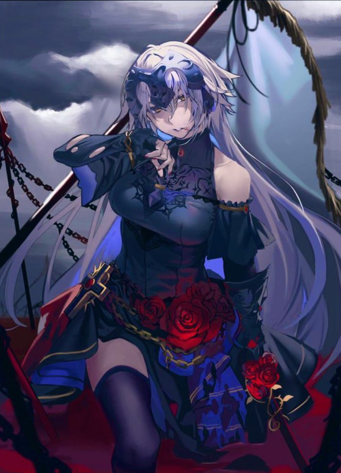 1girl bare_shoulders black_thighhighs blood breasts chain clouds collarbone fate/grand_order fate_(series) flower gauntlets gloves halterneck headpiece hiro_(hirohiro_gorira) jeanne_d'arc_(alter)_(fate) jeanne_d'arc_(fate)_(all) jeanne_d'arc_alter_(fate) jitome large_breasts long_hair rose skirt sky solo sword thigh-highs thighhighs torn_clothes torn_gloves very_long_hair weapon white_hair yellow_eyes zettai_ryouiki