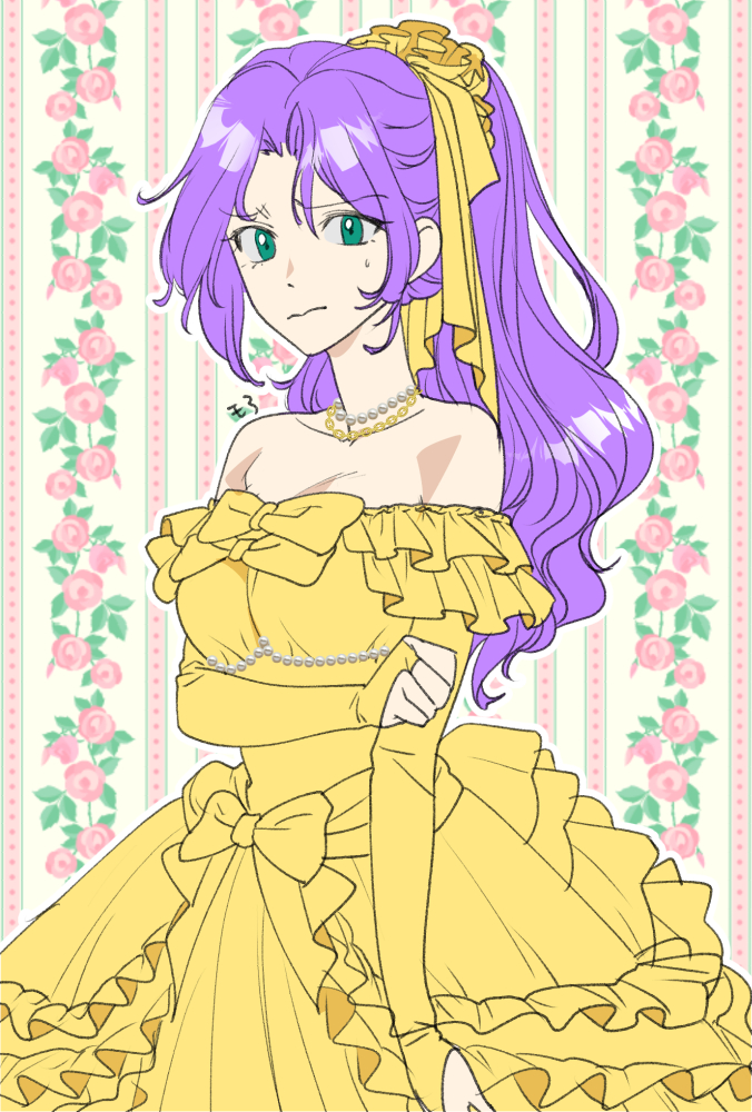 1girl bare_shoulders breasts closed_mouth collarbone dress faris_scherwiz final_fantasy final_fantasy_v floral_background flower green_eyes hair_ornament jewelry long_hair looking_at_viewer necklace non_(nonbiriya_mini) pink_rose purple_hair rose solo yellow_dress yellow_rose