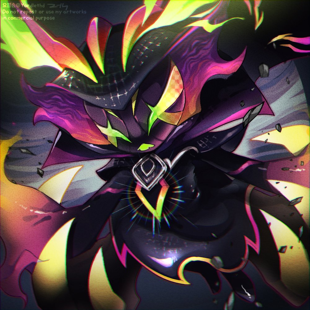 1girl black_robe cape empyrean_vex english_text facing_viewer gem glowing horns league_of_legends long_sleeves mask robe solo vex_(league_of_legends) watermark yodeulsong_(yordlethd) yordle