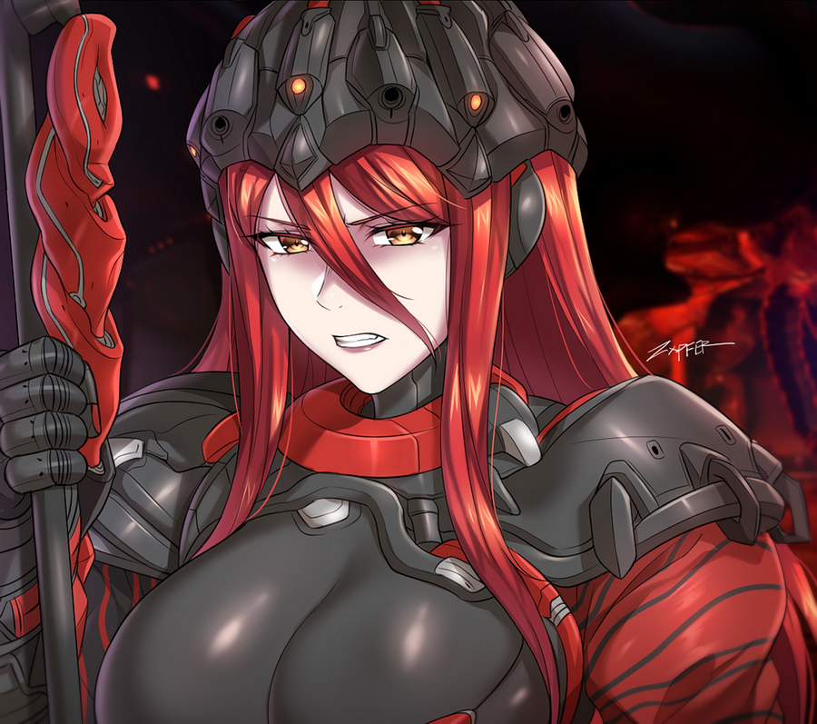 1girl armor artist_name bodysuit breasts clenched_teeth helmet holding holding_scepter holding_weapon humanization kuva_guardian_(warframe) large_breasts long_hair looking_at_viewer orange_eyes red_hair redhead scepter shoulder_armor signature solo teeth warframe weapon zxpfer