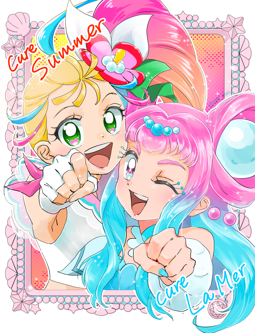 2girls ahoge bandeau blonde_hair blue_eyes character_name choker colored_eyelashes crop_top cure_la_mer cure_summer earrings eyelash_ornament flower glove_bow green_eyes hair_flower hair_ornament heart heart_in_eye highres jewelry laura_la_mer looking_at_viewer magical_girl mismatched_eyelashes multicolored_hair multiple_girls natsuumi_manatsu pearl_hair_ornament pink_hair pink_sailor_collar ponytail precure sailor_collar smile spr_mei symbol_in_eye teeth thick_eyelashes triangle_earrings tropical-rouge!_precure upper_body upper_teeth white_background white_choker white_sleeves wrist_bow