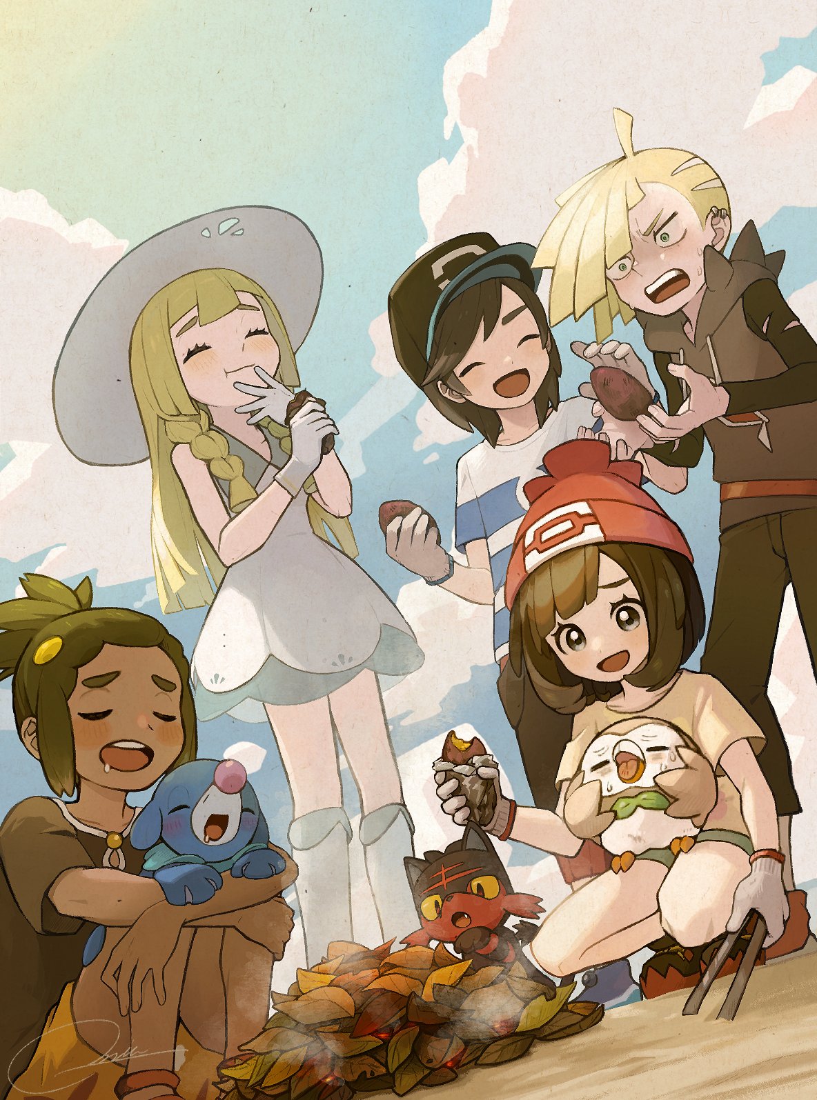 2girls 3boys :t ahoge bangs beanie blonde_hair blush closed_eyes closed_mouth clouds commentary_request dark-skinned_female dark_skin day dress ear_piercing eating elio_(pokemon) from_below gladion_(pokemon) hat hau_(pokemon) highres holding kneehighs lillie_(pokemon) miu_(miuuu_721) multiple_boys multiple_girls open_mouth outdoors pants piercing pokemon pokemon_(creature) pokemon_(game) pokemon_sm popplio rowlet selene_(pokemon) shirt shoes short_hair short_sleeves shorts signature sky sleeveless sleeveless_dress smile socks squatting standing steam sweat teeth tongue upper_teeth vest