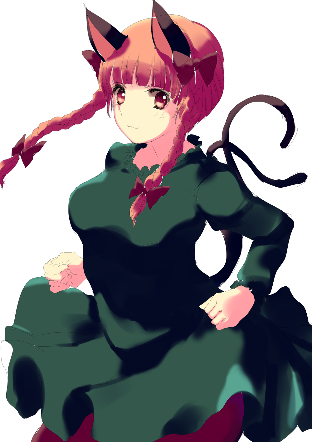 1girl animal_ears bangs blunt_bangs bow braid breasts cat_ears cat_tail dress forked_tail fumikiri_(dake_no_hito) green_dress hair_bow highres juliet_sleeves kaenbyou_rin large_breasts light_smile long_sleeves looking_at_viewer multiple_tails nekomata pantyhose puffy_sleeves red_eyes red_hair redhead simple_background solo tail touhou twin_braids white_background