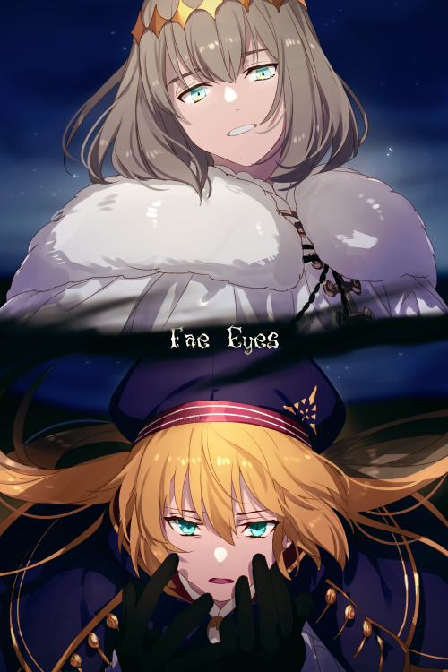 1boy 1girl 2girls aqua_eyes artoria_caster_(fate) artoria_pendragon_(fate) bangs black_gloves blonde_hair blue_cape blue_eyes blue_headwear brown_hair cape commentary_request diamond_hairband echo_(circa) english_text fate/grand_order fate_(series) floating_hair fur-trimmed_cape fur_trim gloves gold_trim green_eyes hair_between_eyes hair_ornament hat long_hair looking_at_viewer multiple_girls oberon_(fate) short_hair tonelico_(fate) twintails upper_body very_long_hair white_cape