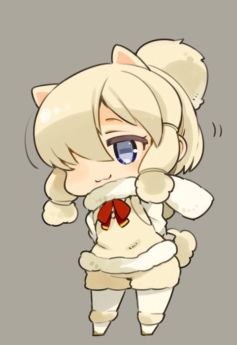 1girl alpaca_ears alpaca_suri_(kemono_friends) animal_ears blonde_hair blue_eyes breast_pocket character_request chibi closed_mouth full_body hair_bun hair_over_one_eye horizontal_pupils kemono_friends long_hair long_sleeves mota pantyhose pocket shorts simple_background smile solo tail tress_ribbon