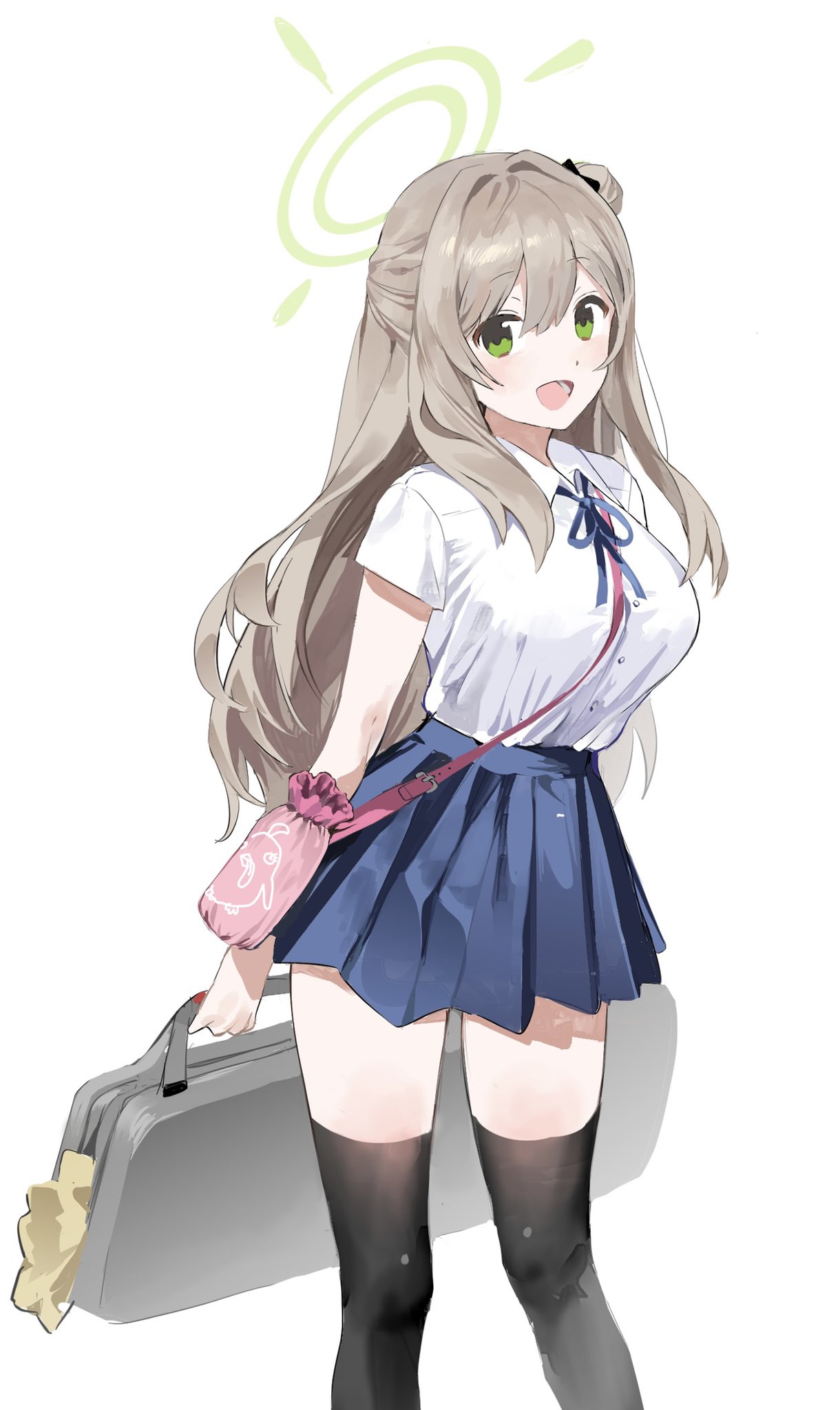1girl :d alternate_costume bag black_legwear black_thighhighs blue_archive blue_ribbon blue_skirt breasts collared_shirt dohyo123123 feet_out_of_frame green_eyes grey_bag hair_between_eyes hair_rings halo highres holding holding_bag large_breasts light_brown_hair long_hair looking_at_viewer neck_ribbon nonomi_(blue_archive) open_mouth pleated_skirt ribbon shirt shirt_tucked_in short_sleeves simple_background skirt smile solo thigh-highs thighhighs white_background white_shirt