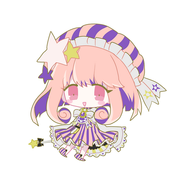 1girl any_sugar bangs blush_stickers chibi dress frilled_headwear frills full_body hat lace-trimmed_dress lace_trim long_sleeves medium_hair nightcap open_mouth original pink_eyes pink_hair simple_background slippers smile solo star_(symbol) striped striped_dress striped_headwear transparent_background usagi_nui vertical-striped_dress vertical-striped_headwear vertical_stripes