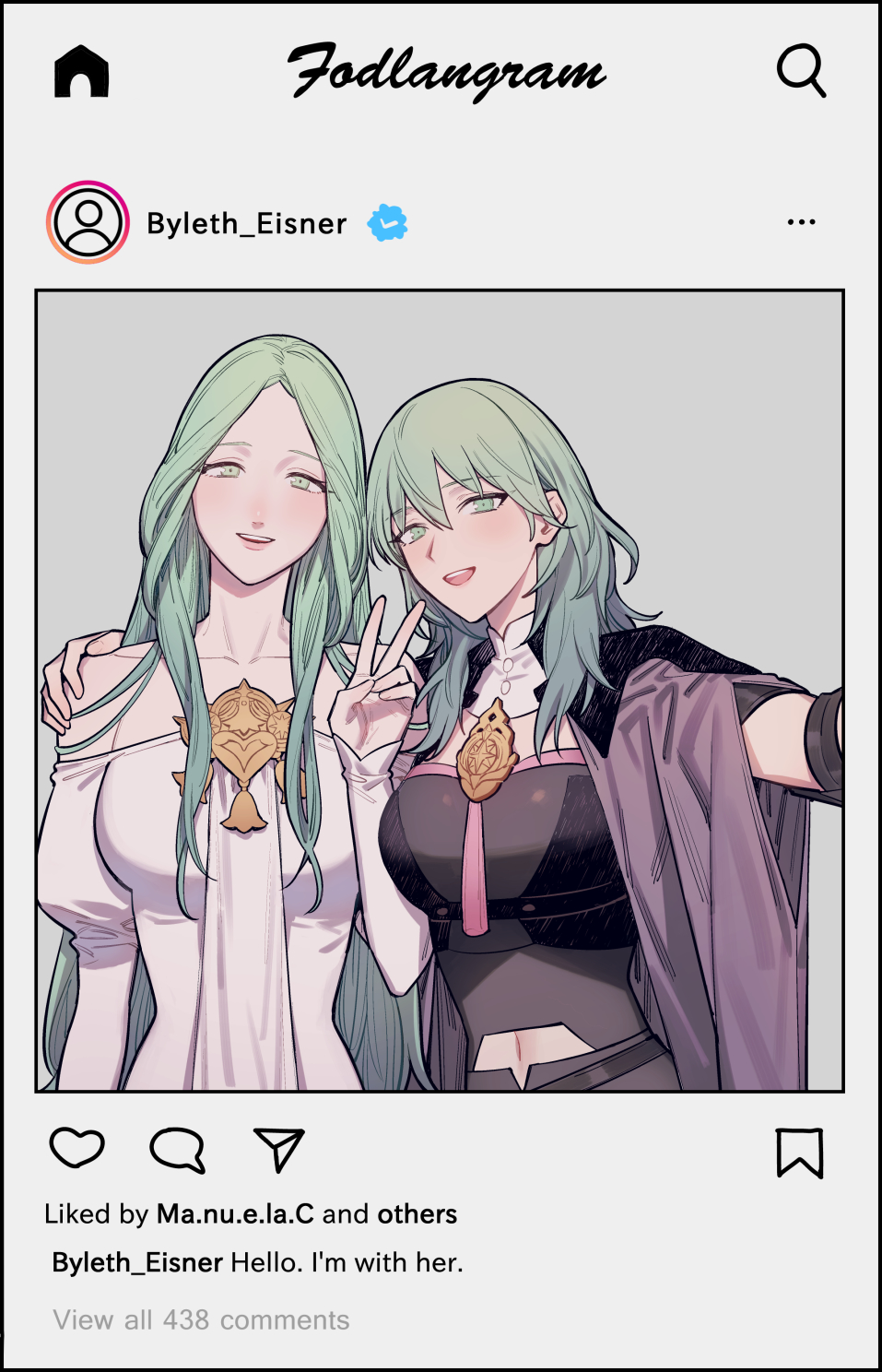 2girls bare_shoulders byleth_(fire_emblem) byleth_(fire_emblem)_(female) byleth_eisner_(female) cape commentary_request dress english_text enlightened_byleth_(female) fake_screenshot fire_emblem fire_emblem:_three_houses green_eyes green_hair hand_up hands_on_another's_shoulders highres ikarin instagram jewelry long_hair looking_at_viewer multiple_girls navel open_mouth rhea_(fire_emblem) smile v white_dress yuri