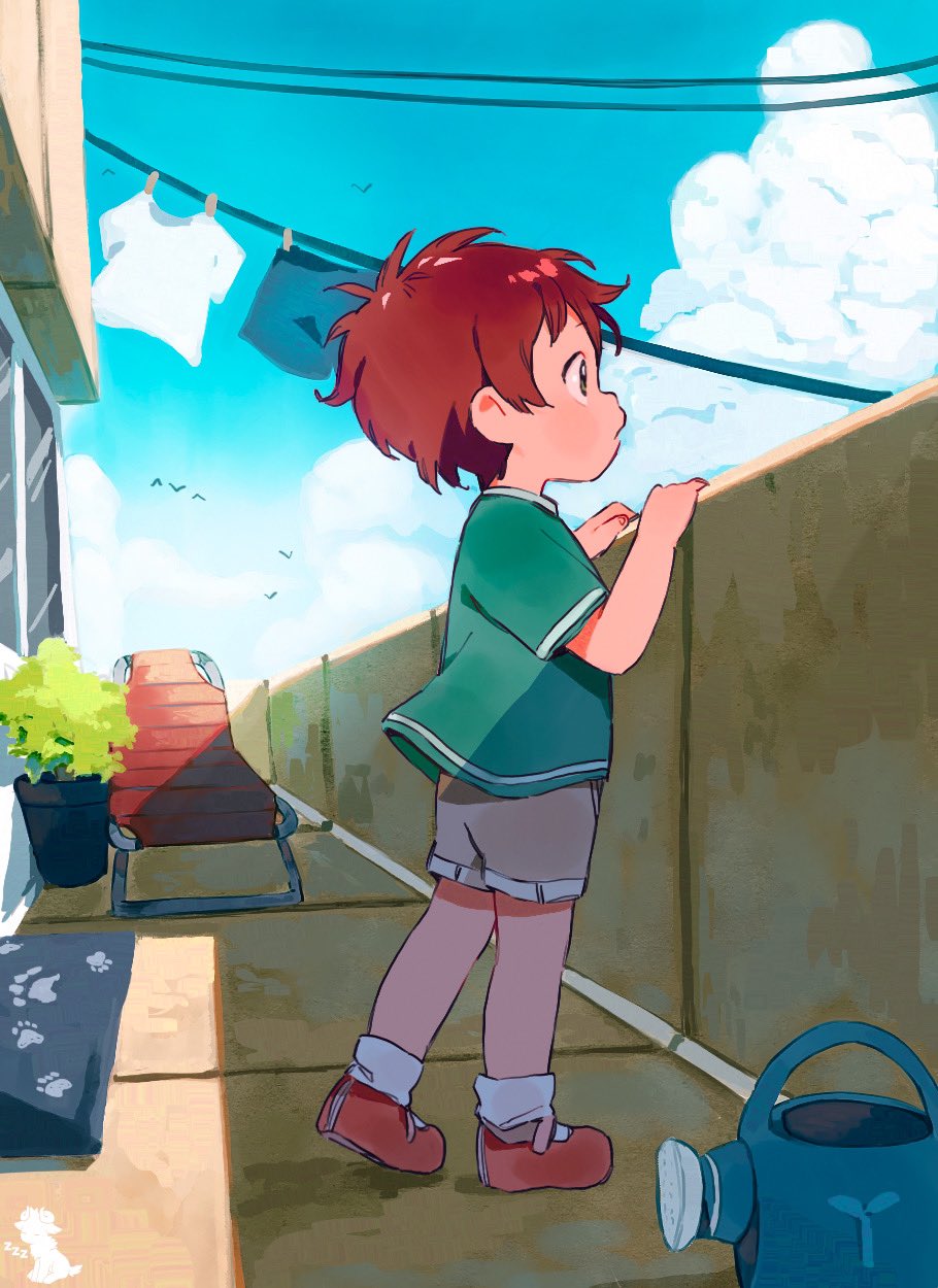1boy 1girl balcony bird_wings child clouds commentary day english_commentary from_side full_body green_shirt guard_rail highres male_child male_focus original outdoors red_footwear redhead shirt short_hair short_sleeves shorts sky solo standing symbol-only_commentary thebrushking window wings