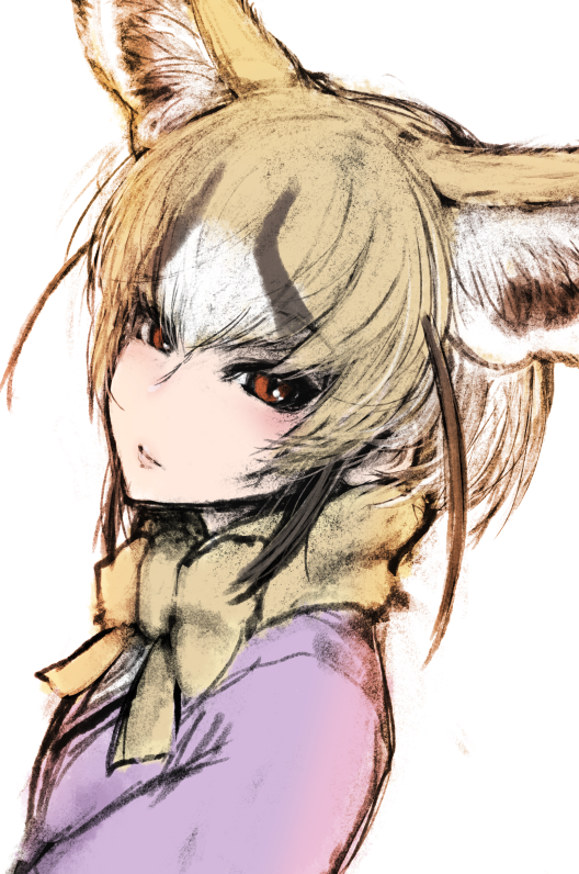 1girl animal_costume animal_ear_fluff animal_ears blonde_hair bow bowtie closed_mouth extra_ears eyebrows_visible_through_hair fennec_(kemono_friends) fox_ears fox_girl ise_(0425) kemono_friends kemono_friends_3 looking_at_viewer multicolored_hair purple_shirt red_eyes rueppell's_fox_(kemono_friends) shirt short_hair simple_background solo white_background yellow_bow yellow_bowtie