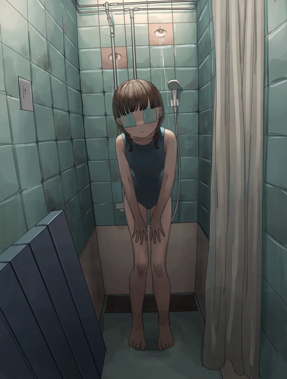 1girl bangs barefoot blunt_bangs braid brown_hair closed_mouth crying dai3syougen full_body highres leaning_forward no_eyes one-piece_swimsuit original short_hair shower_curtain showering side_braids solo surreal swimsuit tiles