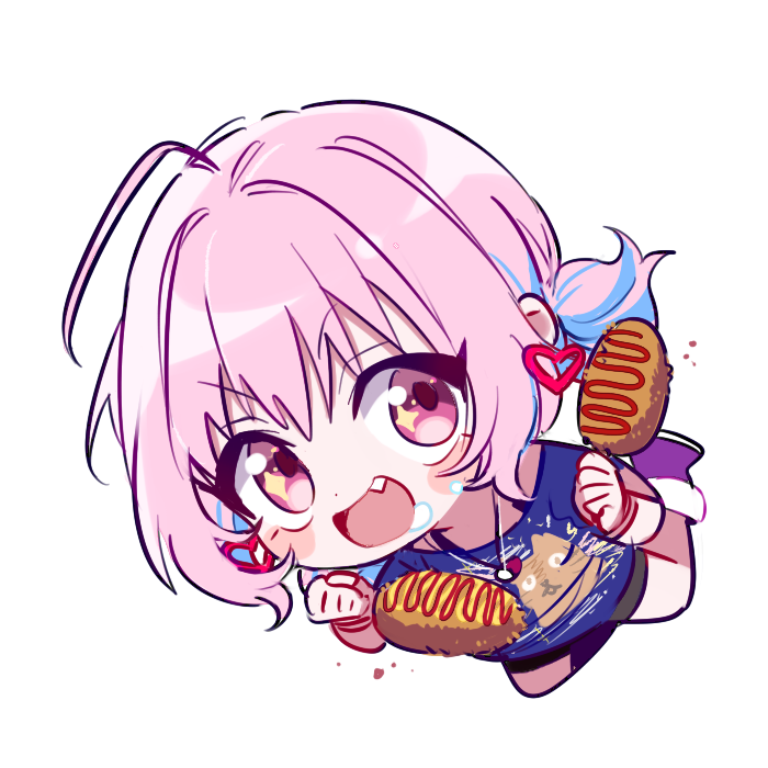 1girl 6_(yuchae) ahoge animal_print bangs blue_shirt blush_stickers cat_print chibi collarbone colored_inner_hair corn_dog drooling earrings eyebrows_visible_through_hair food heart heart_earrings idolmaster idolmaster_cinderella_girls idolmaster_cinderella_girls_starlight_stage jewelry looking_at_viewer multicolored_hair open_mouth pink_eyes pink_hair shirt simple_background smile solo sparkling_eyes two-tone_hair white_background yumemi_riamu